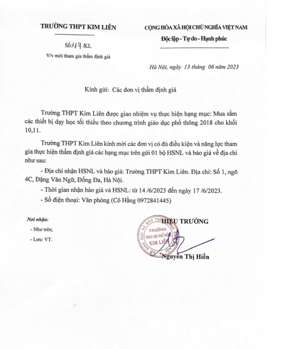 Thông báo mời tham gia thẩm định giá hạng mục mua sắm thiết bị dạy học tối thiểu theo chương trình giáo dục phổ thông 2018 cho khối 10,11
