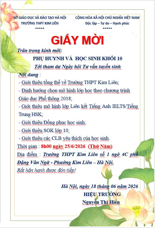 GIẤY MỜI THAM DỰ NGÀY HỘI TƯ VẪN TUYỂN SINH TRƯỜNG THPT KIM LIÊN