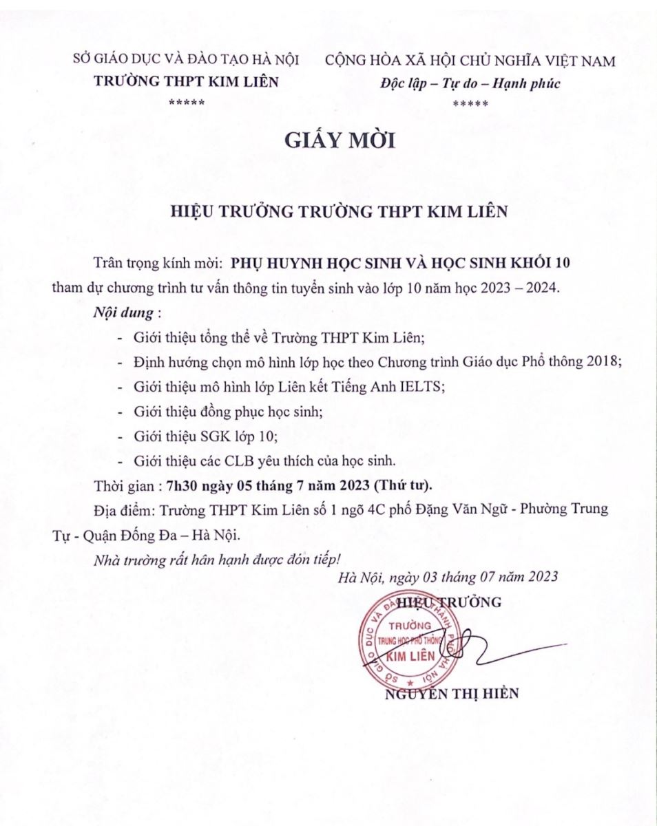 Giấy mời phụ huynh và học sinh khối 10 năm học 2023-2024 tham dự chương trình tư vấn thông tin tuyển sinh